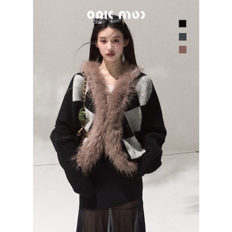 绵羊毛撞色菱格真毛貉子毛领宽松针织外套/达人上播合集链接8