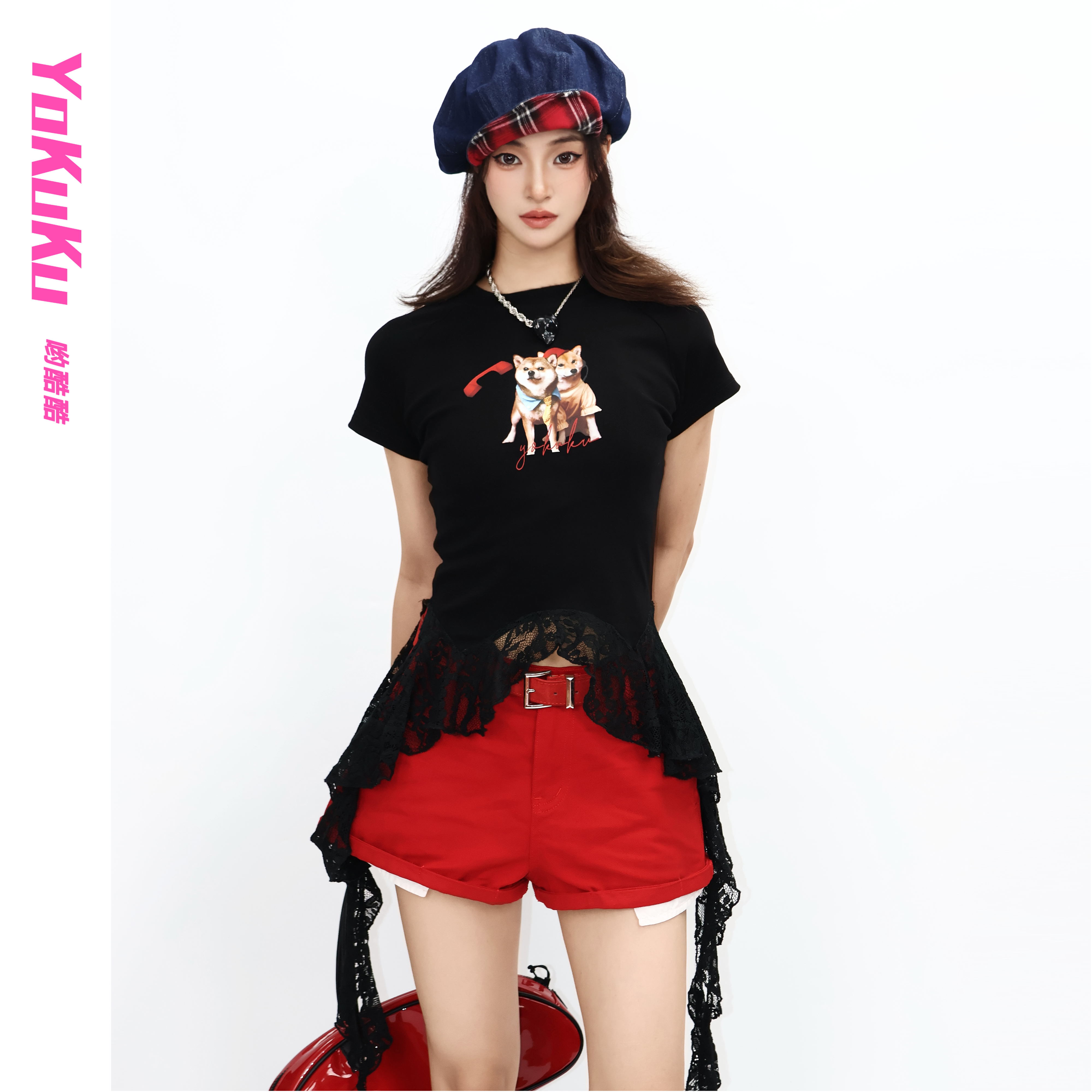 哟酷酷（呼叫汪汪队）修身短袖上衣美式卡通印花蕾丝拼接飘带百搭20