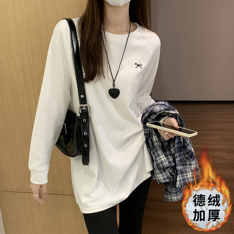 韩版慵懒中长款德绒加厚长袖T恤秋冬季打底衫女内搭宽松圆领上衣