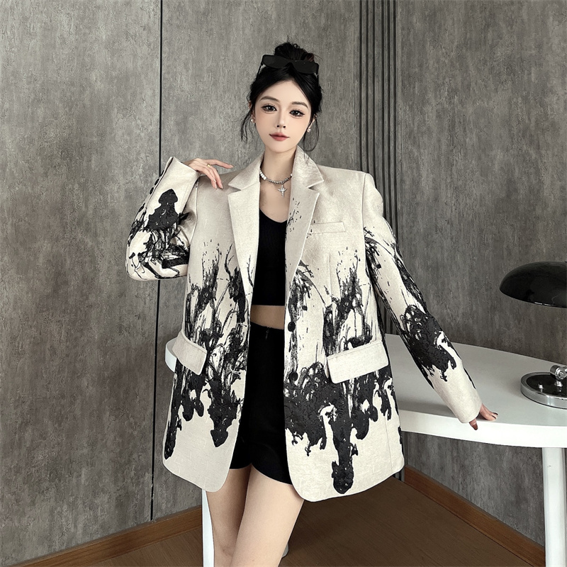 艺术感水墨印花西装外套女秋冬正肩西服宽松中式休闲高级感超好看