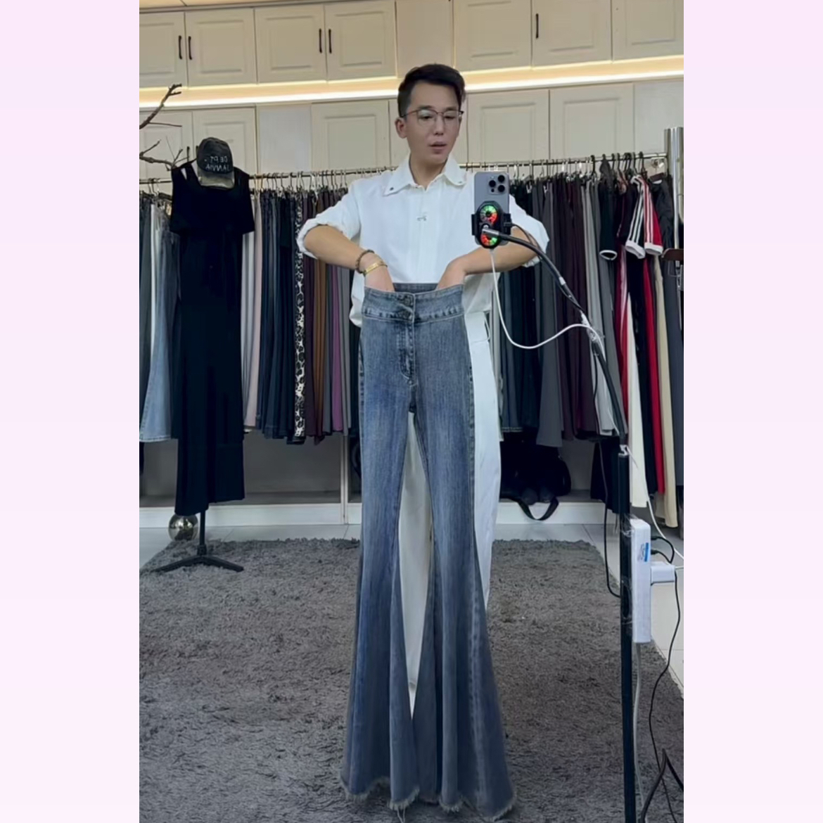 2燕龙服饰2005大喇叭修身毛边裤脚定制加长女复古高腰显瘦牛仔裤