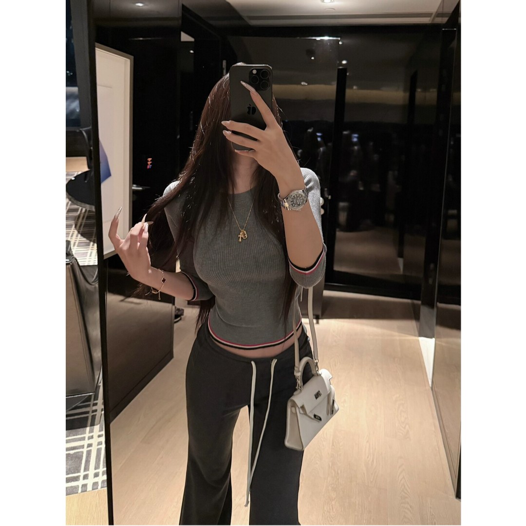 气质姐姐 撞色半袖圆领针织衫女修身显瘦百搭休闲内搭打底T恤上衣