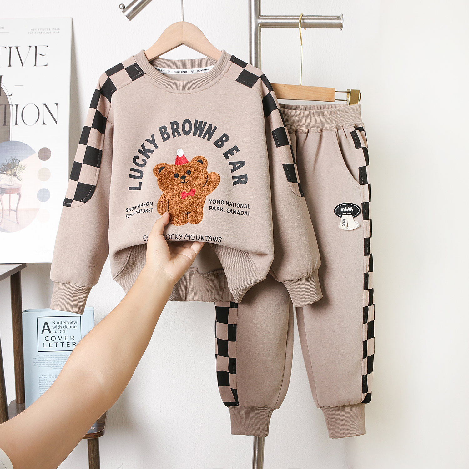 童装套装秋季新款韩版洋气男童女童同款童装潮范棋盘格卫衣两件套