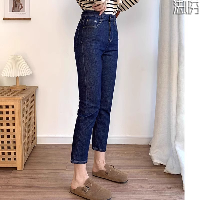 丹宁蓝高腰直筒牛仔裤女春秋2025秋季加绒八九分深蓝色显瘦烟管裤