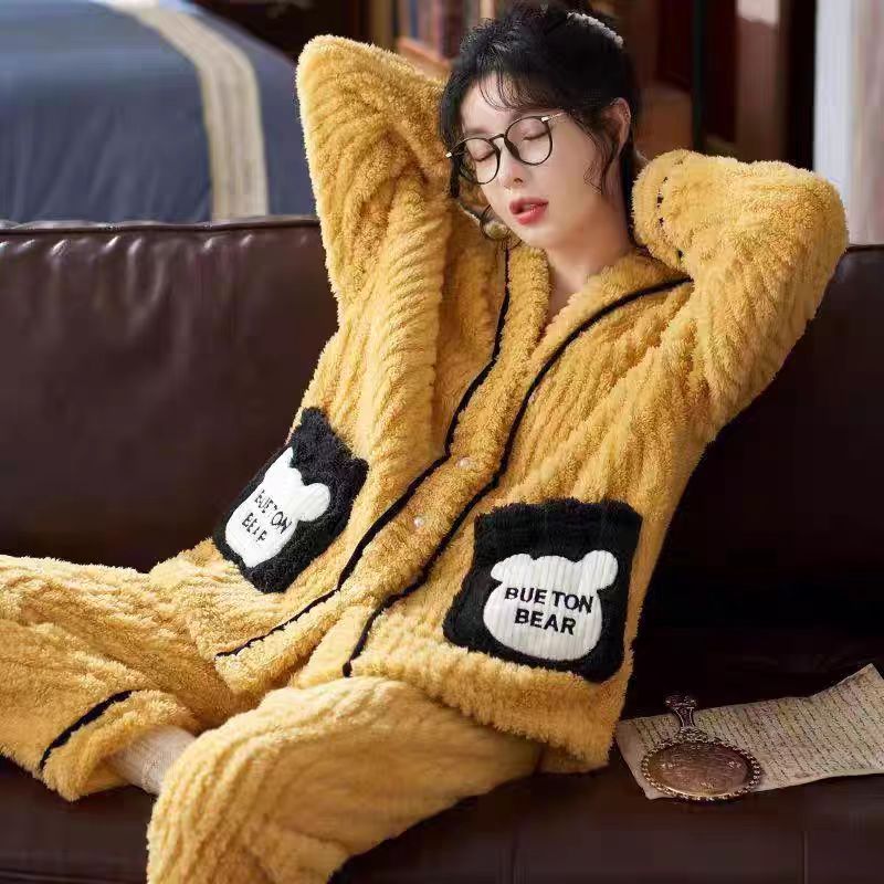 女家居服套装春秋珊瑚绒女士睡衣冬款睡衣长款保暖