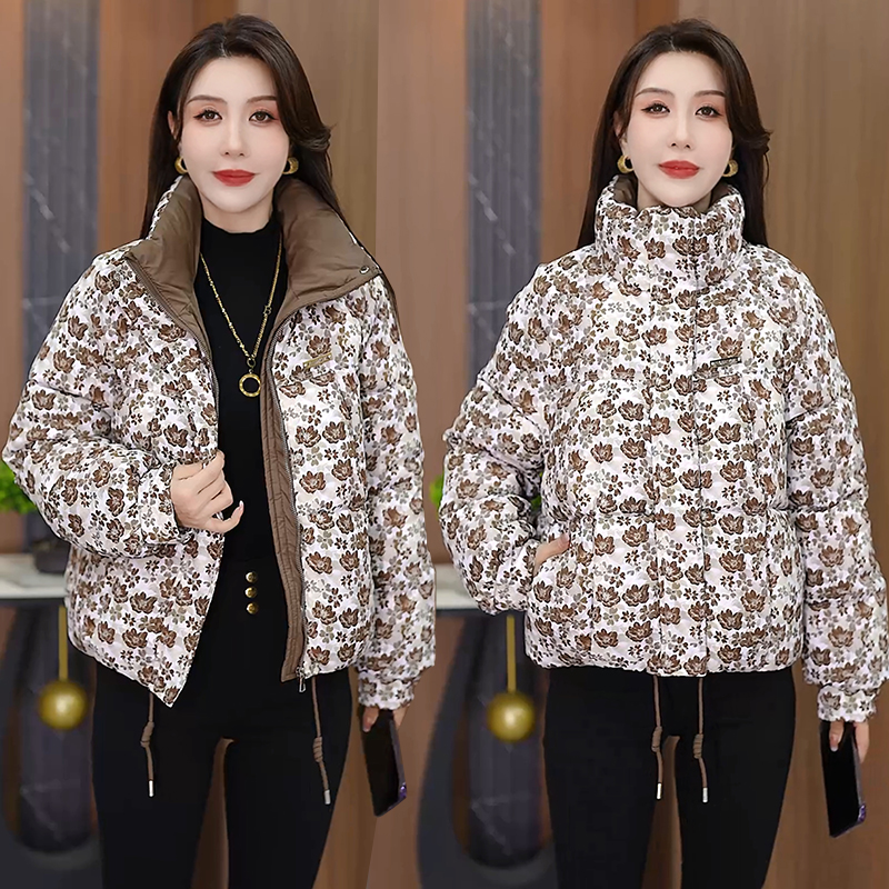 2025秋冬新款碎花立领棉服棉衣女小个子女拼色休闲通勤外套上衣潮