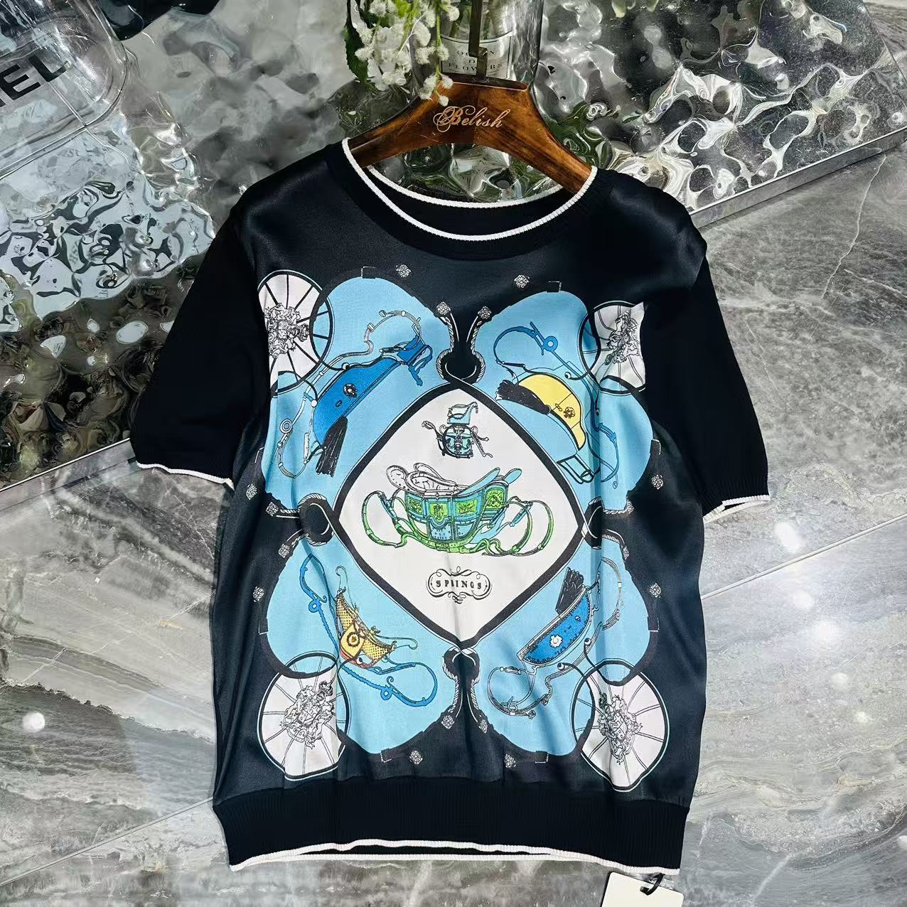 【清仓福利】SS 21554 Z宫廷马车定位印花前真丝桑蚕丝重磅上衣
