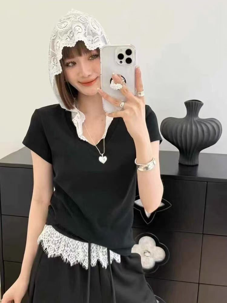 大码胖mm夏季蕾丝连帽修身遮肚显瘦打底衫韩系温柔气质上衣3050