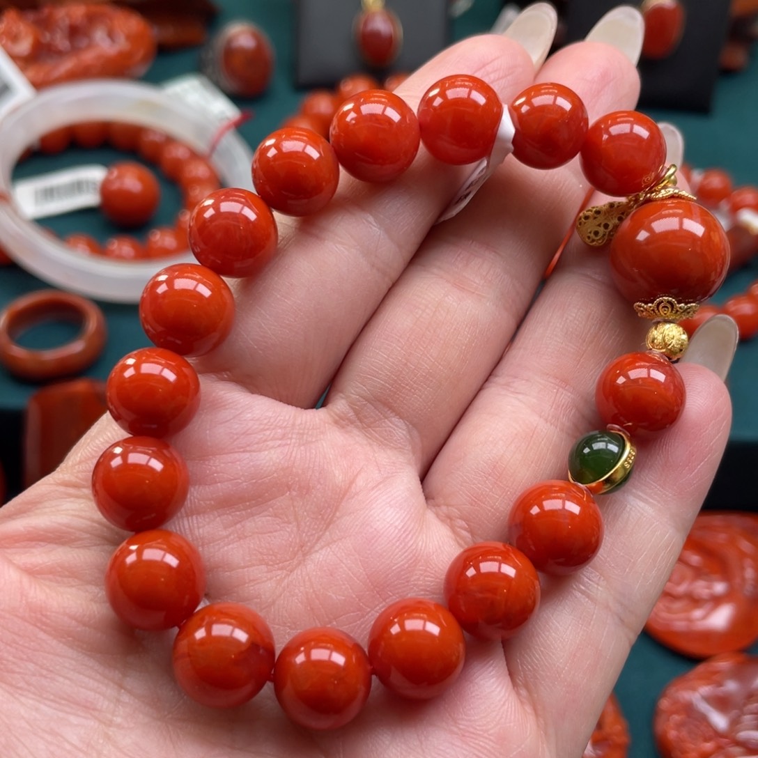 南红玛瑙银S925镶嵌川料南红满色满肉DIY单圈手串10mm