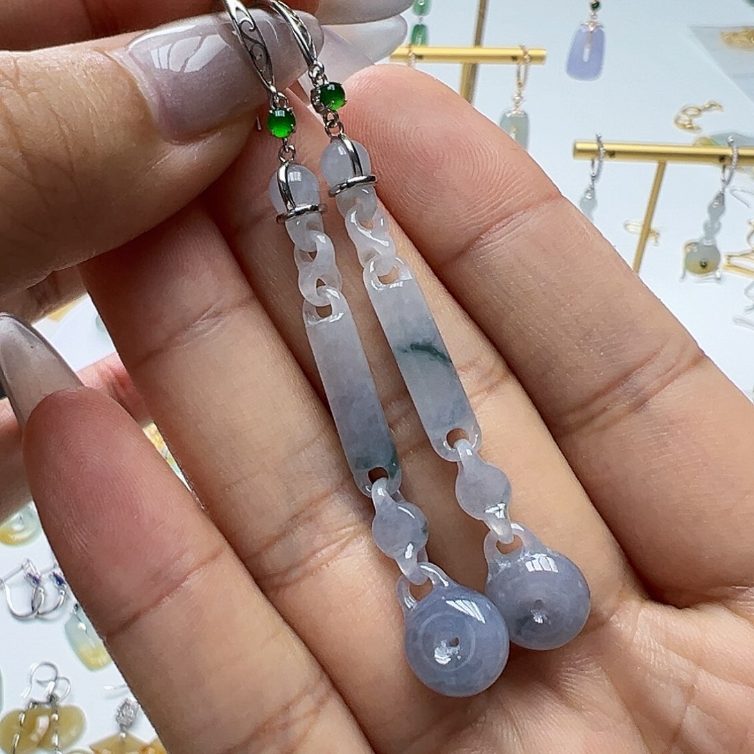 草***马翡翠18K金镶嵌耳饰天然缅甸A货翡翠