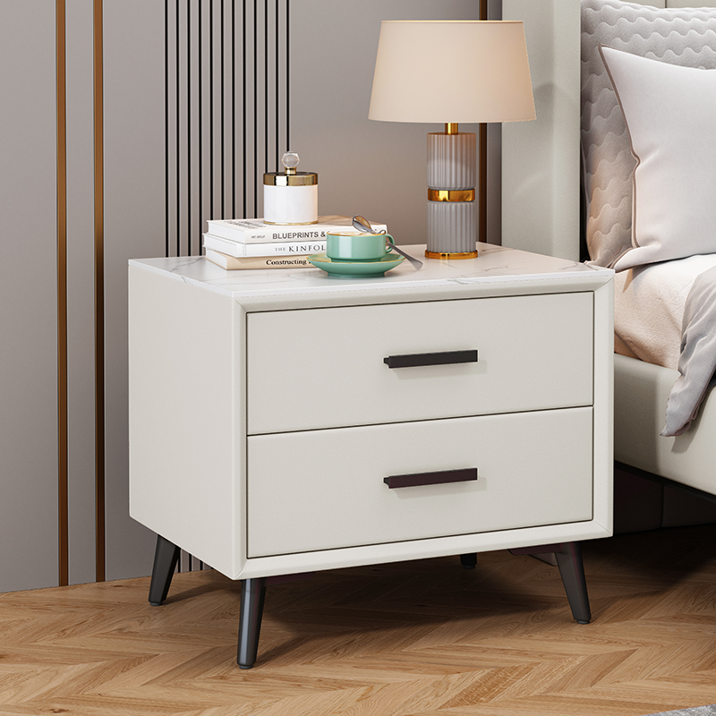 岩板实木床头柜轻奢现代免安装猫抓皮款50CM床边整装收纳储物窄柜