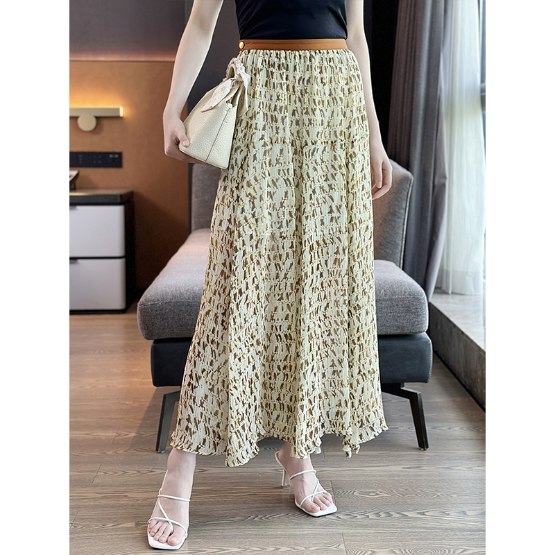 左左家 ED*元厂高奢~轻盈飘逸桑蚕丝大摆印花拼皮腰头长款半身裙