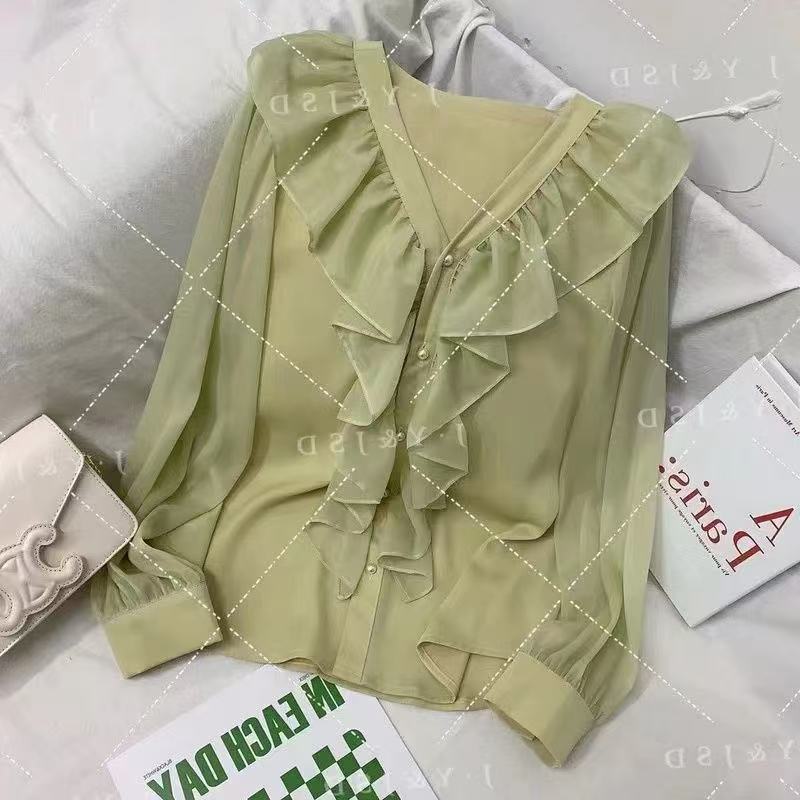 2025早秋洋气时尚纯色长袖衬衫女法式荷叶边V领百搭气质减龄上衣