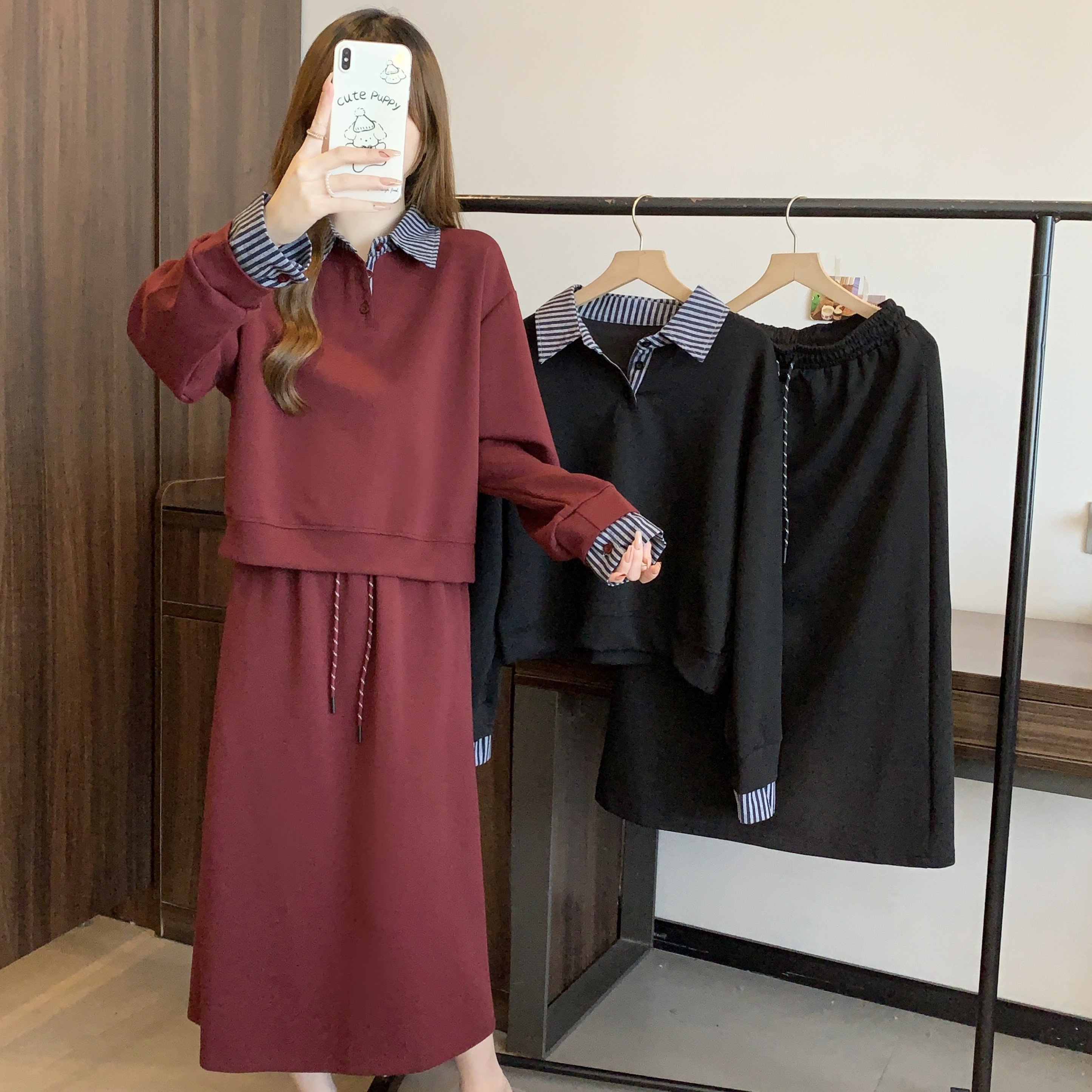 胖妹妹2025秋新款小众设计拼接条纹卫衣高腰显瘦A字裙套装