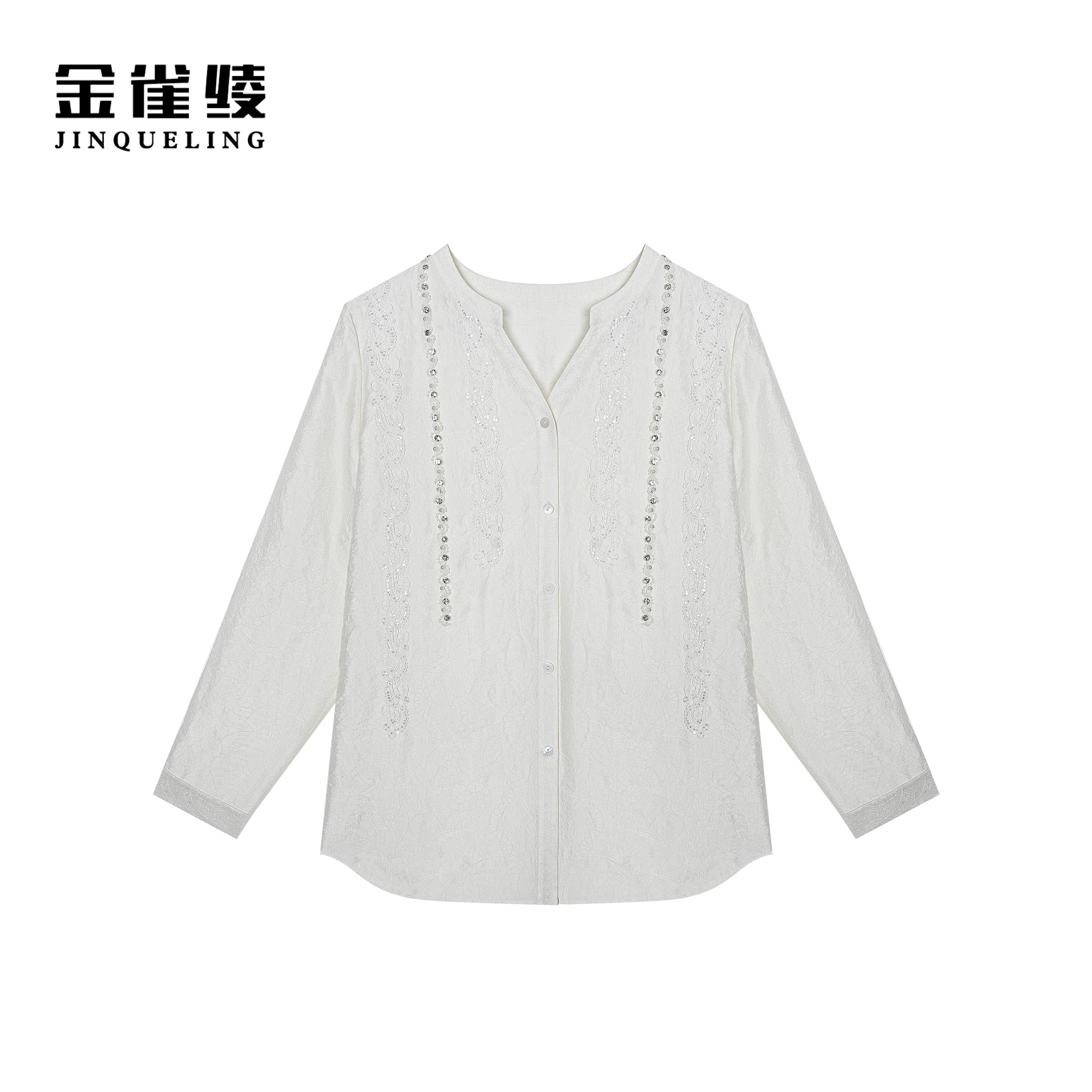 金雀绫【荔枝白】法式轻奢设计款重工钉珠衬衫SZA1S056