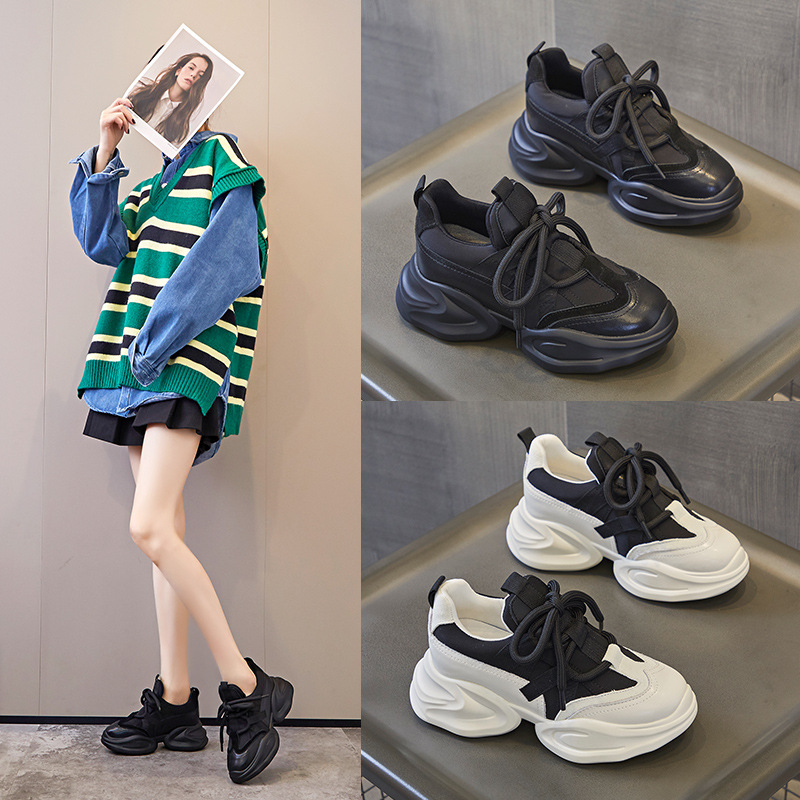 增高8CM真皮内增高厚底老爹鞋女ins潮秋季新品松糕鞋休闲运动鞋女