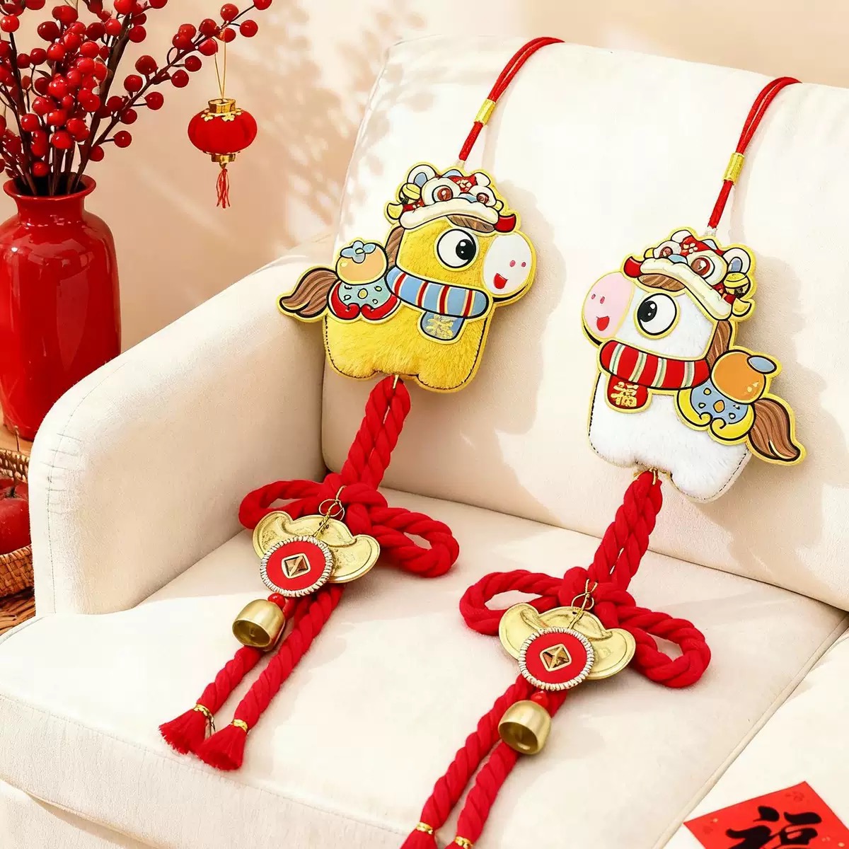 2026马年创意毛绒中国结挂件万字结门挂乔迁布置新年氛围福字挂饰