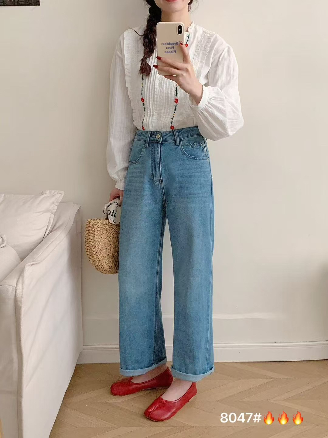 8047 新款高腰卷边男友直筒牛仔裤