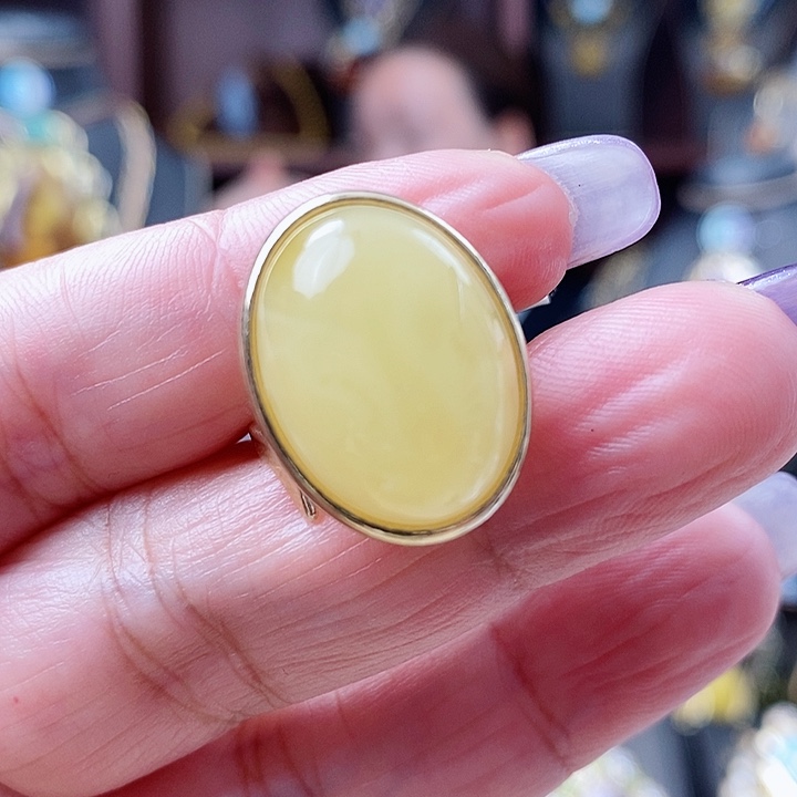 琥珀戒指银S925镶嵌戒指