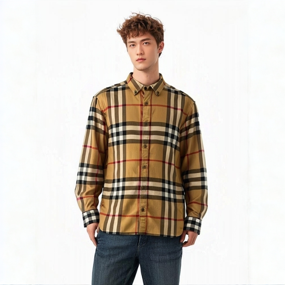 99新 BURBERRY/博柏利 18697369 复古格纹翻领衬衫 驼色 S码