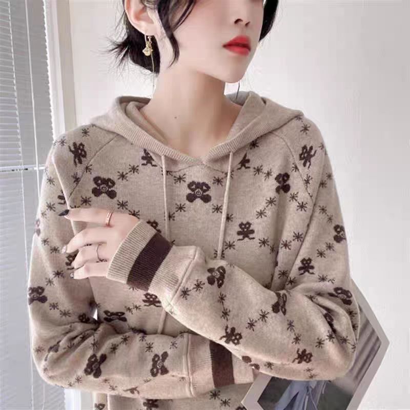 【米奇连帽米色】春季新款轻奢时尚百搭蚂蚁提花连帽针织宽松毛衣