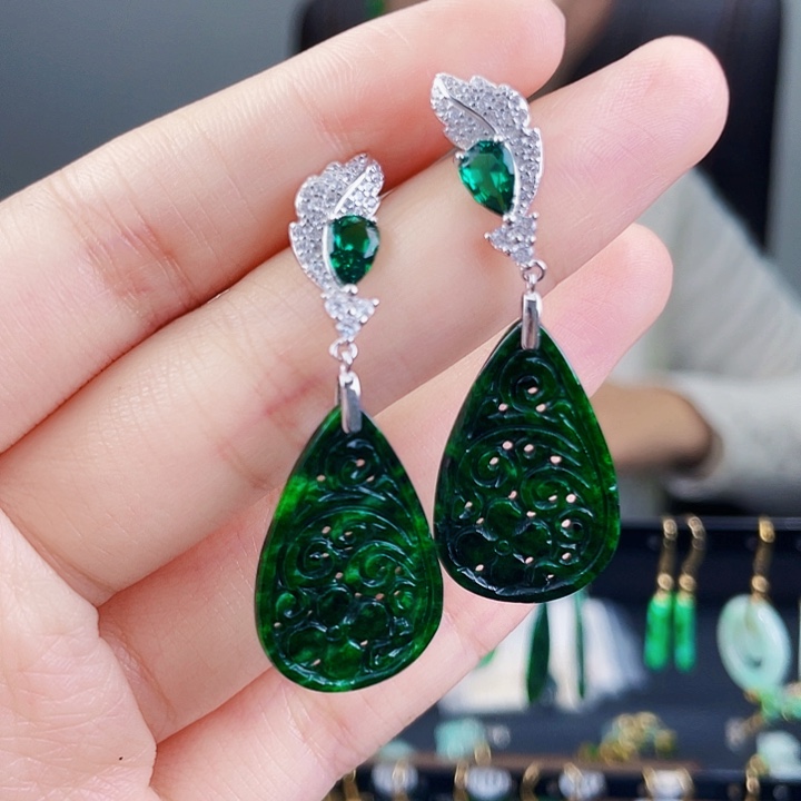 翡翠耳饰银S925镶嵌饰品