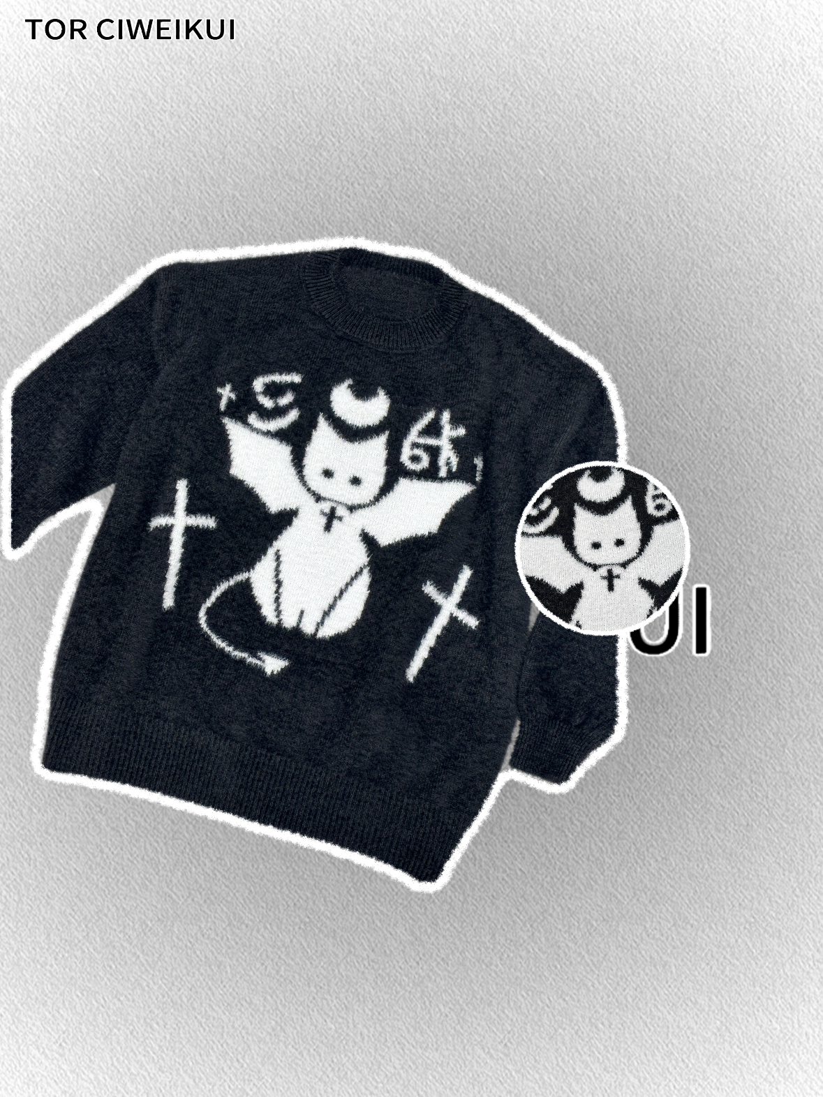 【恶魔人】黑色圆领宽松仿水貂针织套头毛衣