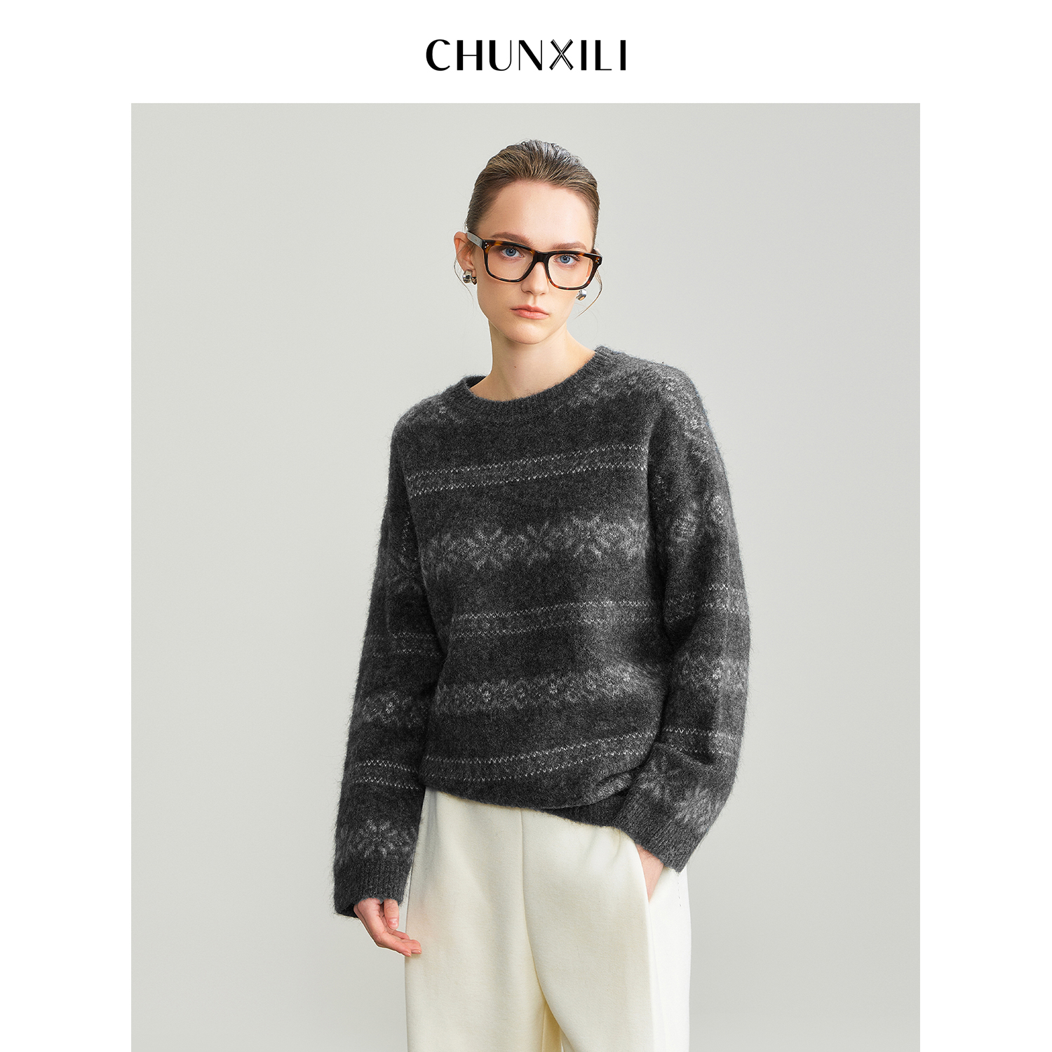 CHUNXILI/春熙里 复古提花羊驼毛+绵羊毛毛衣D00M54129