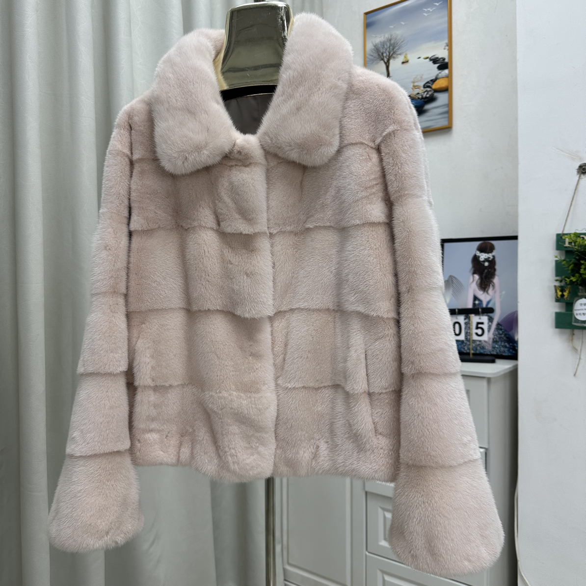 进口冬季新款貂皮翻领浅粉色洋气休闲版
