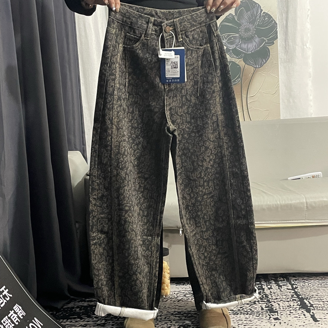 444#高腰美式豹纹弯刀阔腿牛仔裤6073#（不加绒）