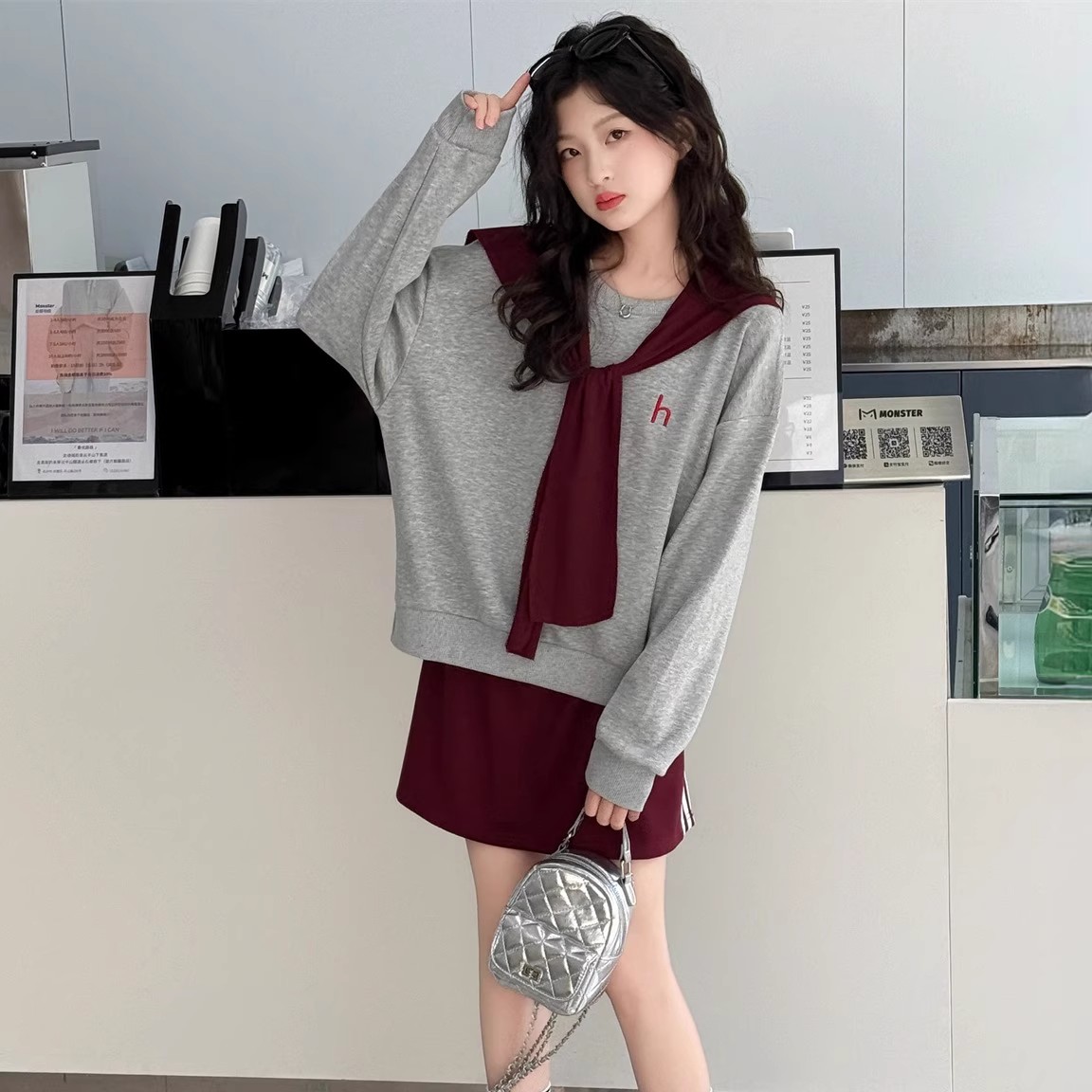 女童春秋款宽松披肩套头卫衣套装女大童儿童秋装半身裙短裙两件套
