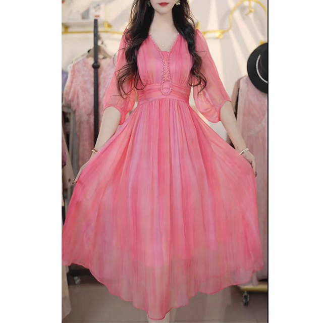 L7257法式连衣裙2025新款显瘦女夏季气质优雅收腰V领长款女裙