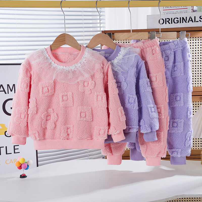 女童家居服法兰绒加绒花边套装加厚青春期秋冬睡衣洋气儿童浴袍