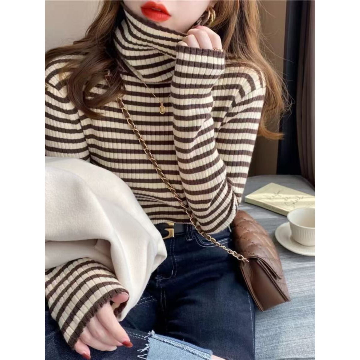 8810 M秋冬高领七彩条纹打底衫弹力针织长袖T恤上衣保暖套头衫