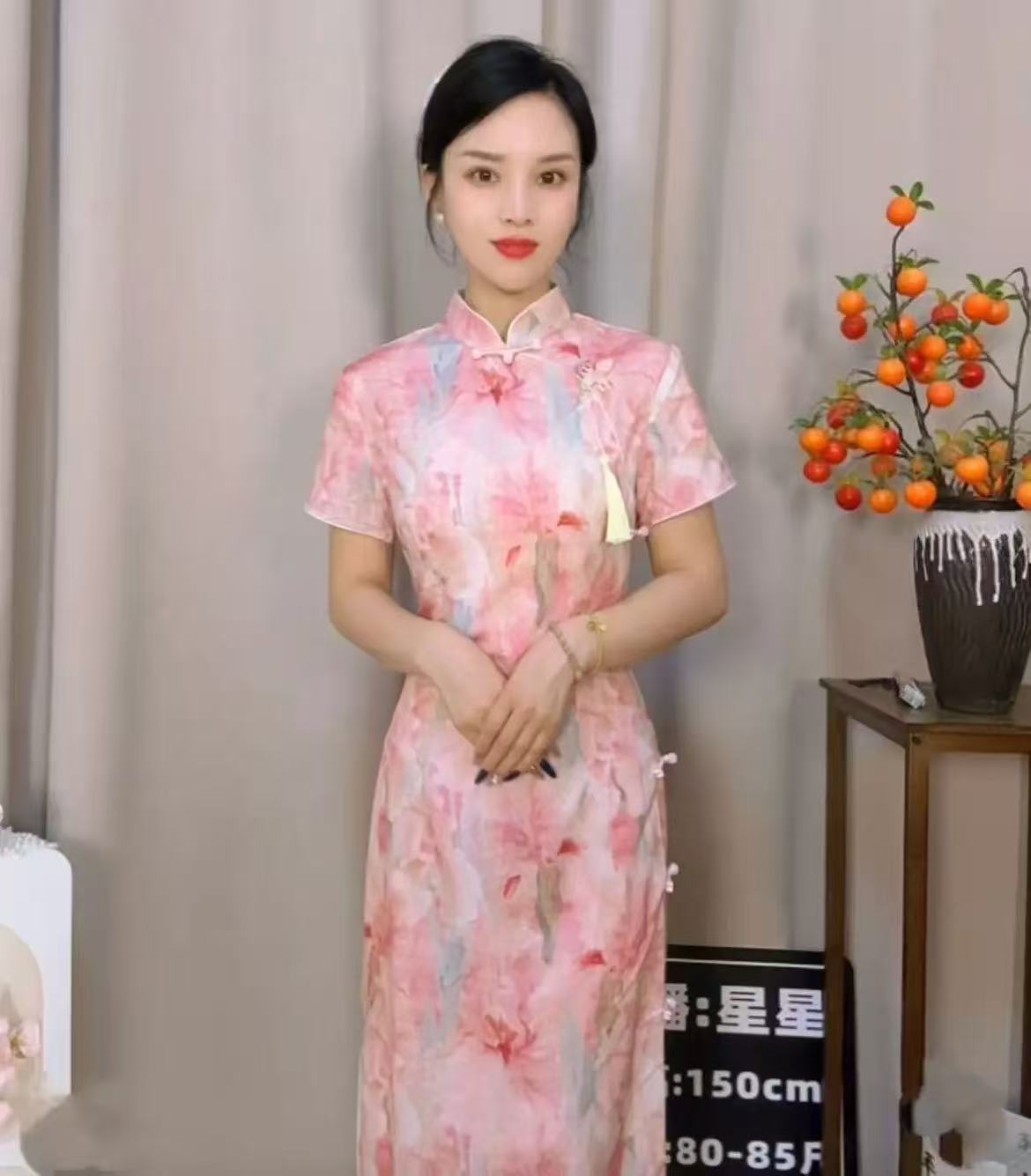 （876）夏款 侧八扣 中长款改良旗袍 单层 长度约110cm旗袍