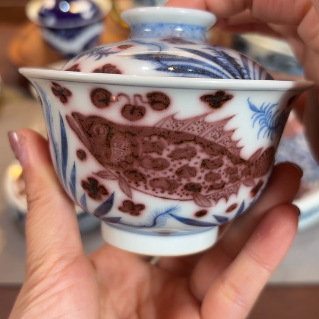 杯青花釉里红鱼藻盖碗