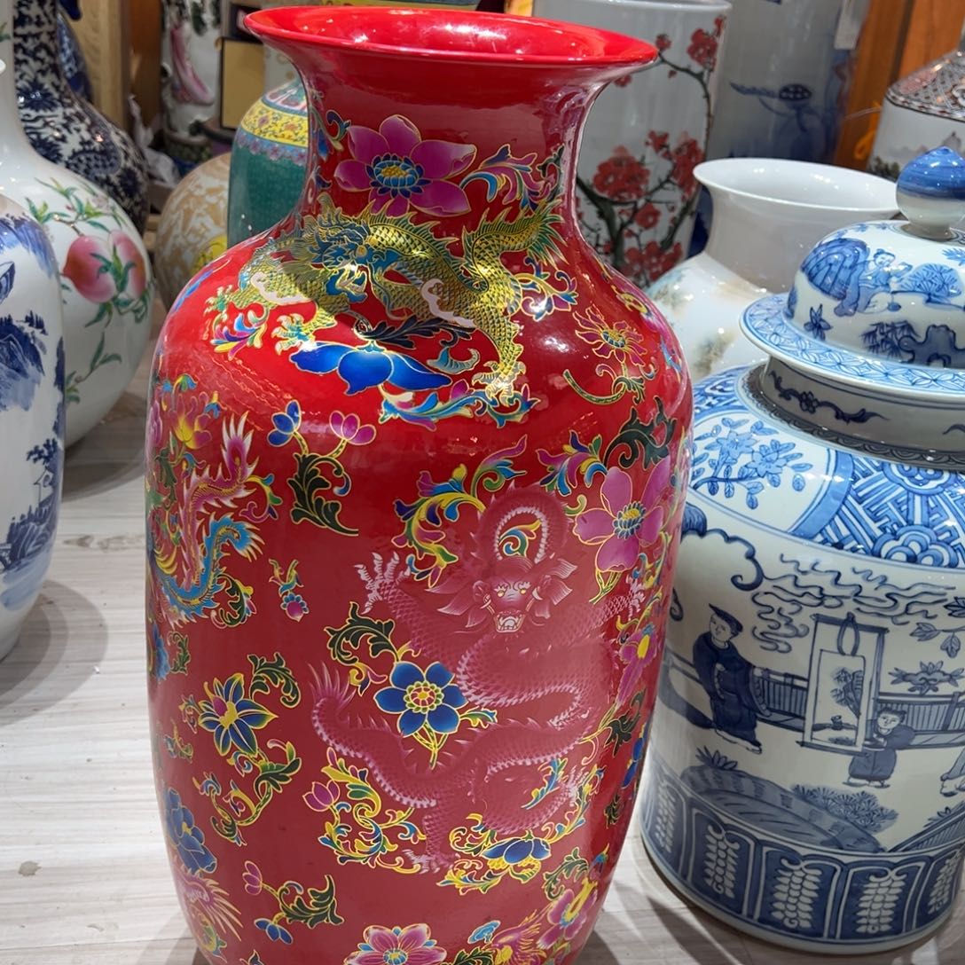 小***雨陶摆件两个60cm红色龙凤呈祥冬瓜瓶