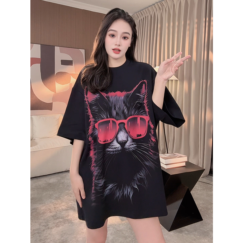 猫咪印花短袖T恤女2025夏季新款宽松遮屁股大版时尚休闲百搭