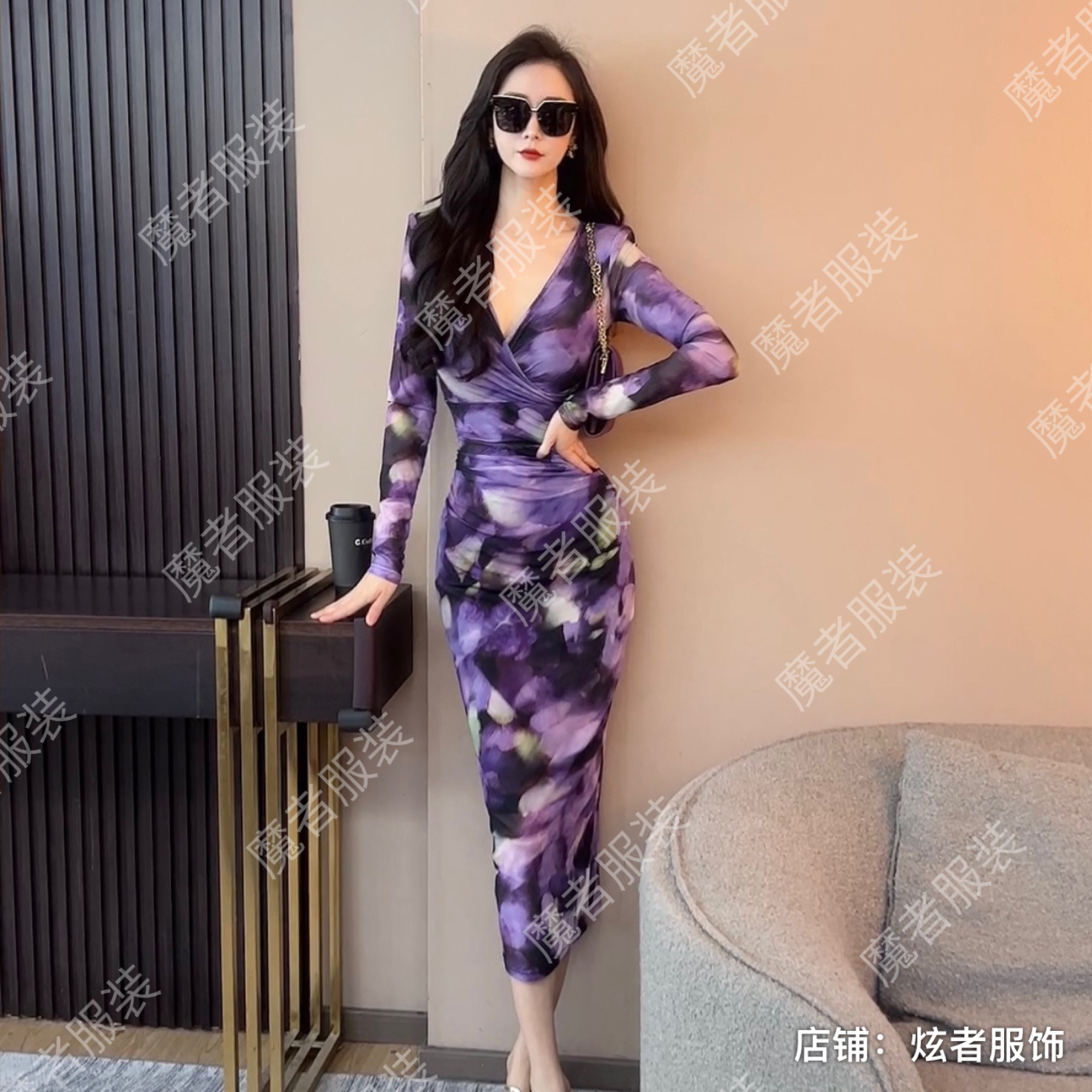 魔者家网纱款【深邃紫】新款时尚性感修身气质显瘦弹力长款连衣裙