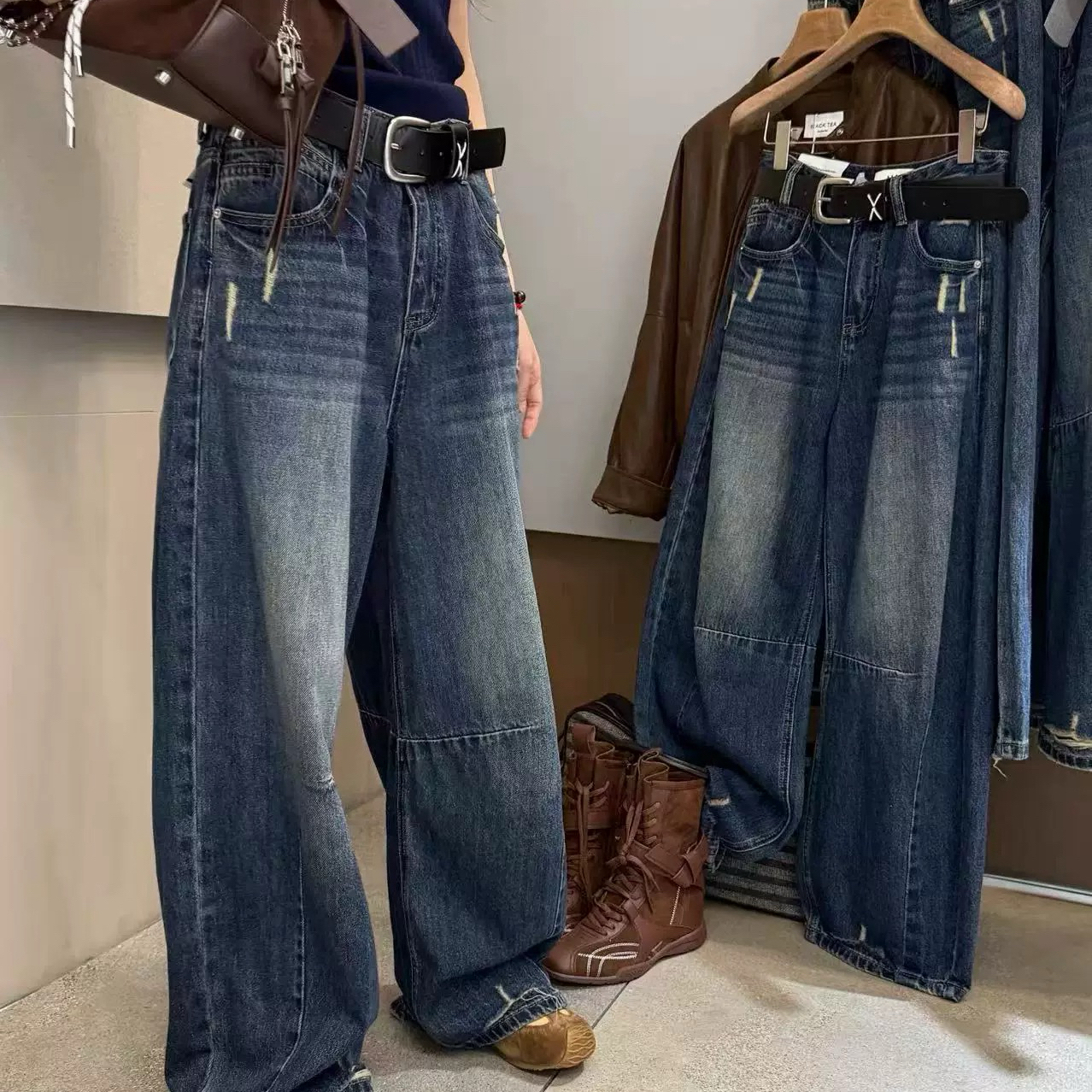复古水洗做旧阔腿弯刀牛仔裤女秋2025韩版宽松百搭休闲长裤显瘦