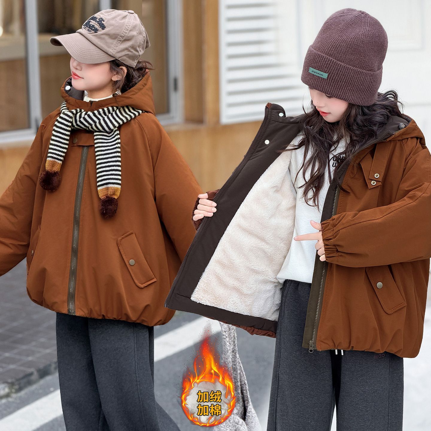 【小黄鸭】女童秋冬外套2025新款韩版棉衣加绒加棉派克服中大童棉服
