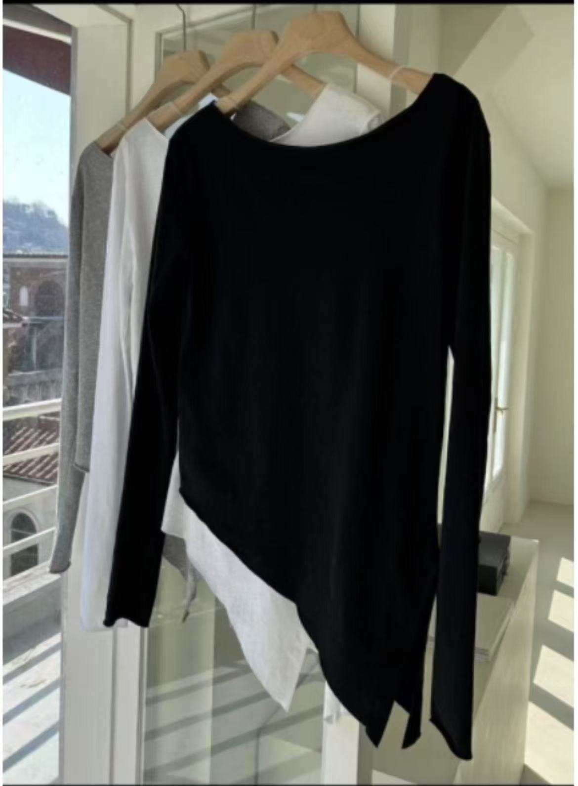 韩国舒服柔不规则软斜角显腿长T恤（价格已开）