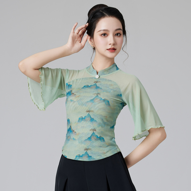 古典舞服装女扎染旗袍领国风中袖舞蹈练功服上衣现代广场舞服秋冬