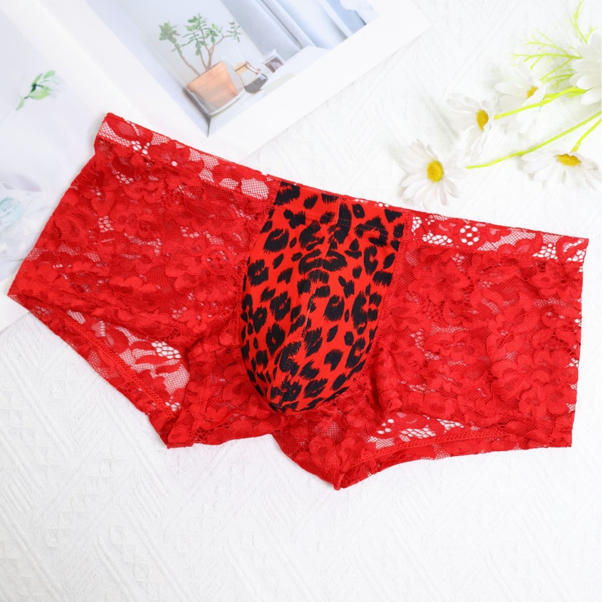 纯色豹纹低腰男士内裤蕾丝男平角内裤红色时尚个性四角裤透气内裤