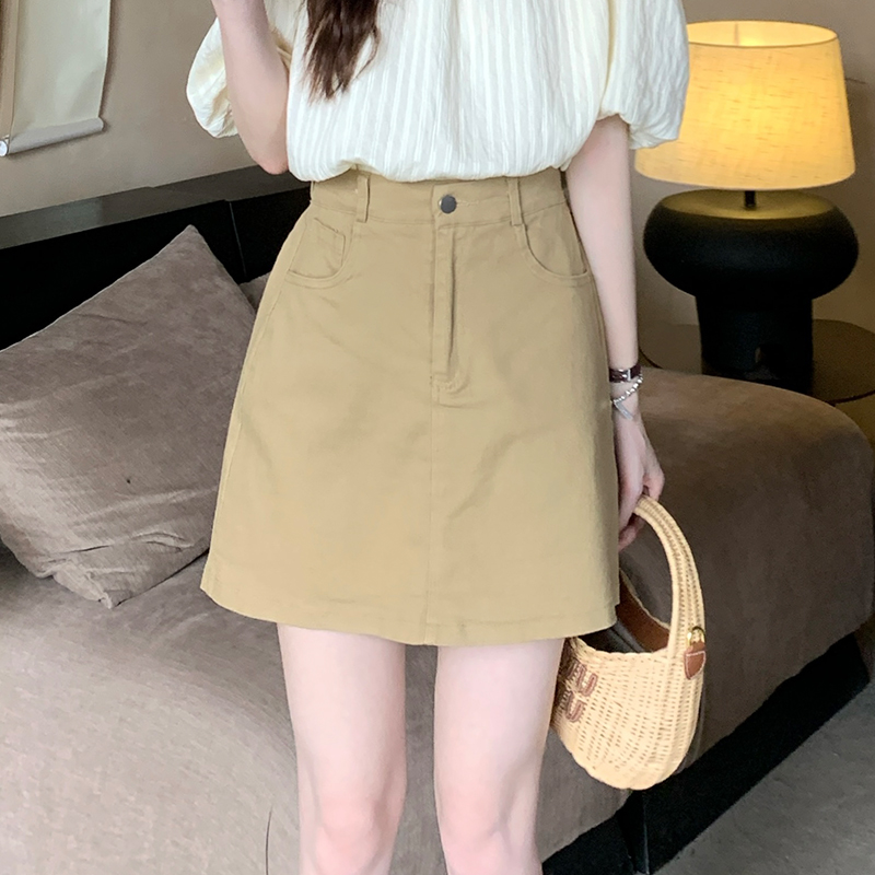 【现货~主播穿的卡其色】高腰牛仔半身裙女设计小众百搭显瘦A字短裙