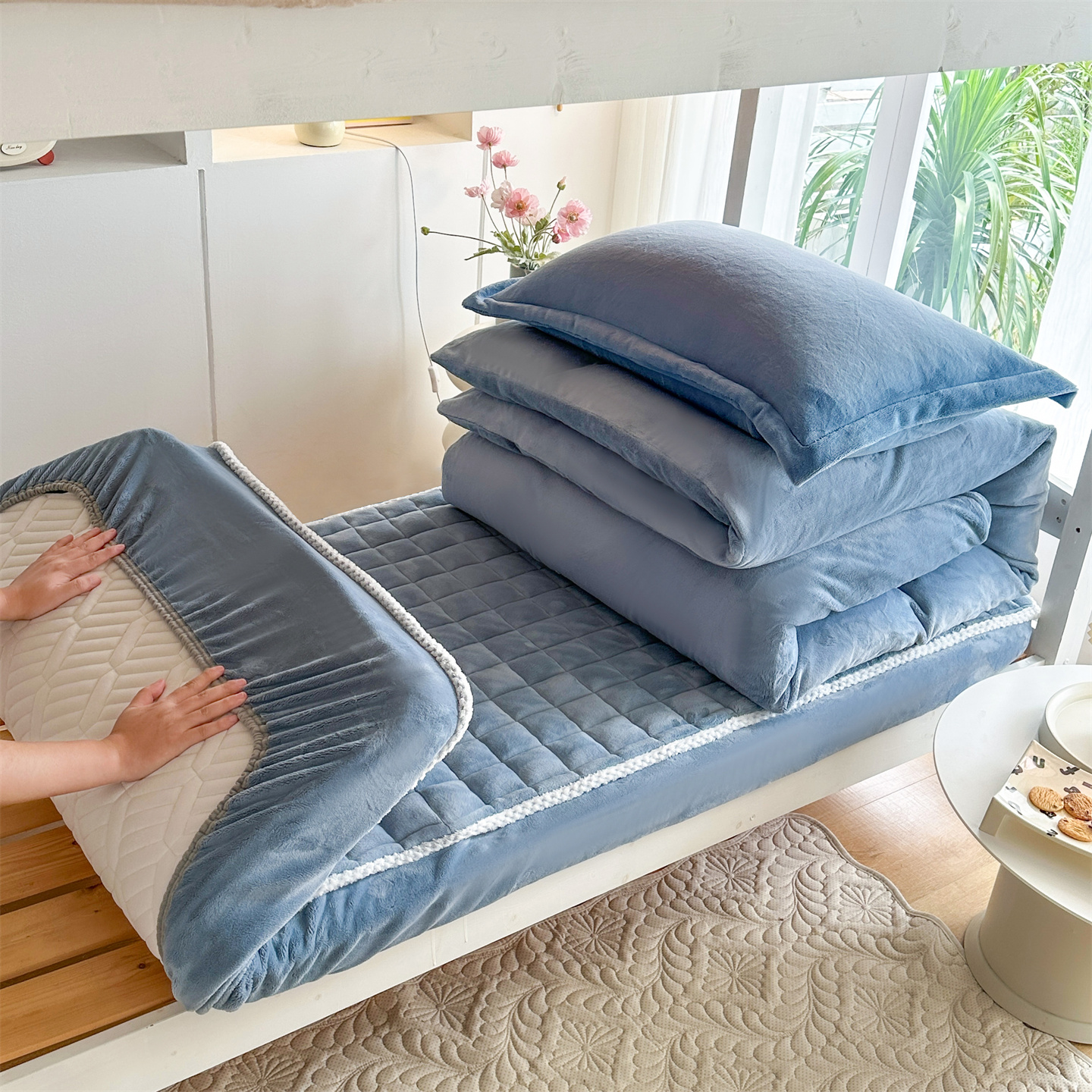 加厚款牛奶绒夹棉床笠款三件套被套学生宿舍三件套床品套件