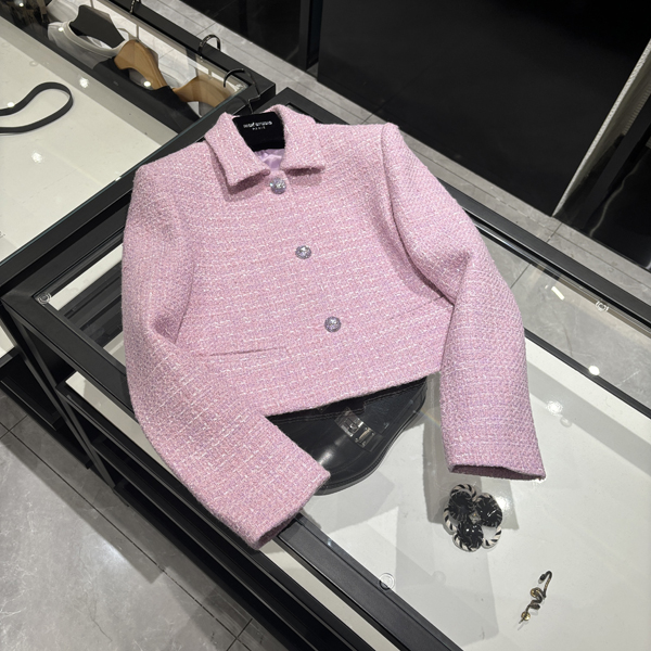 25年春装新款女装 单排水钻扣轻奢翻领紫罗兰粗花呢外套-W037