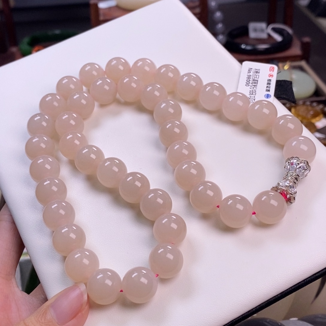 和田玉熟藕粉银镶妈妈链毕业级12.5MM未镶嵌