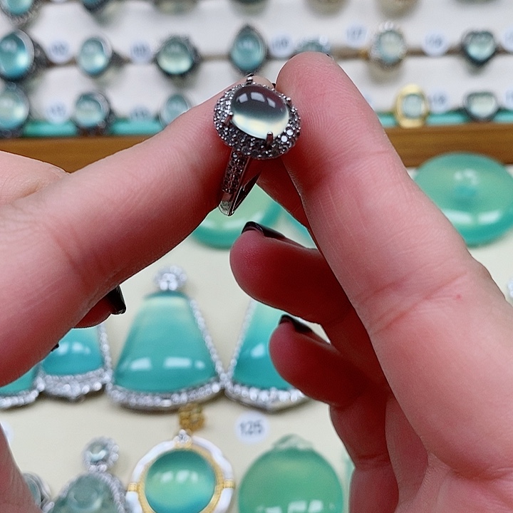 蛇纹石玉戒指银S925镶嵌?****o