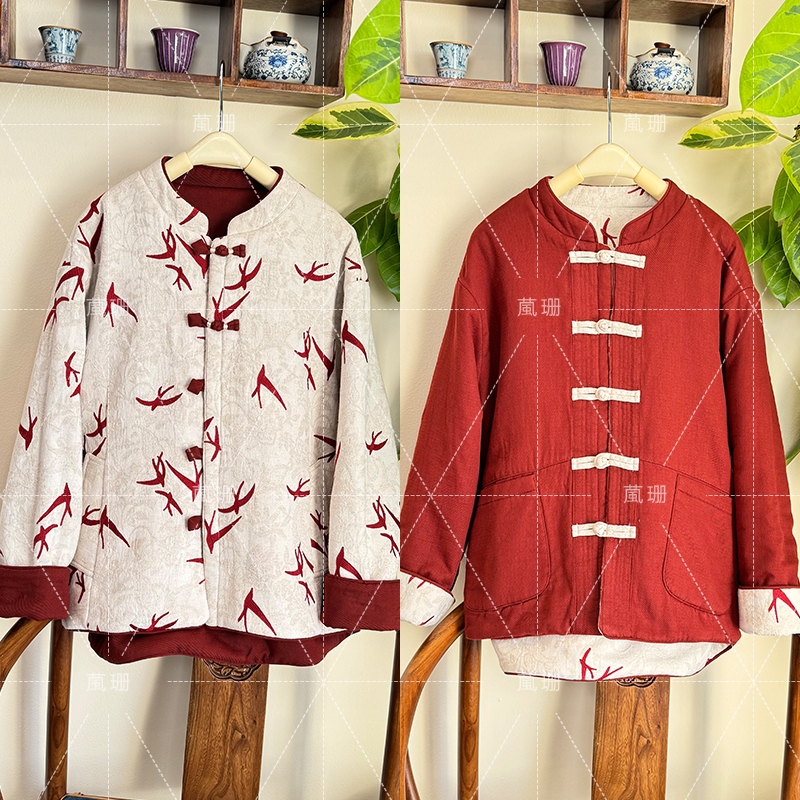 【飞花令】双面穿冬季亚麻提花小燕子刺绣复古国风棉服棉袄52766